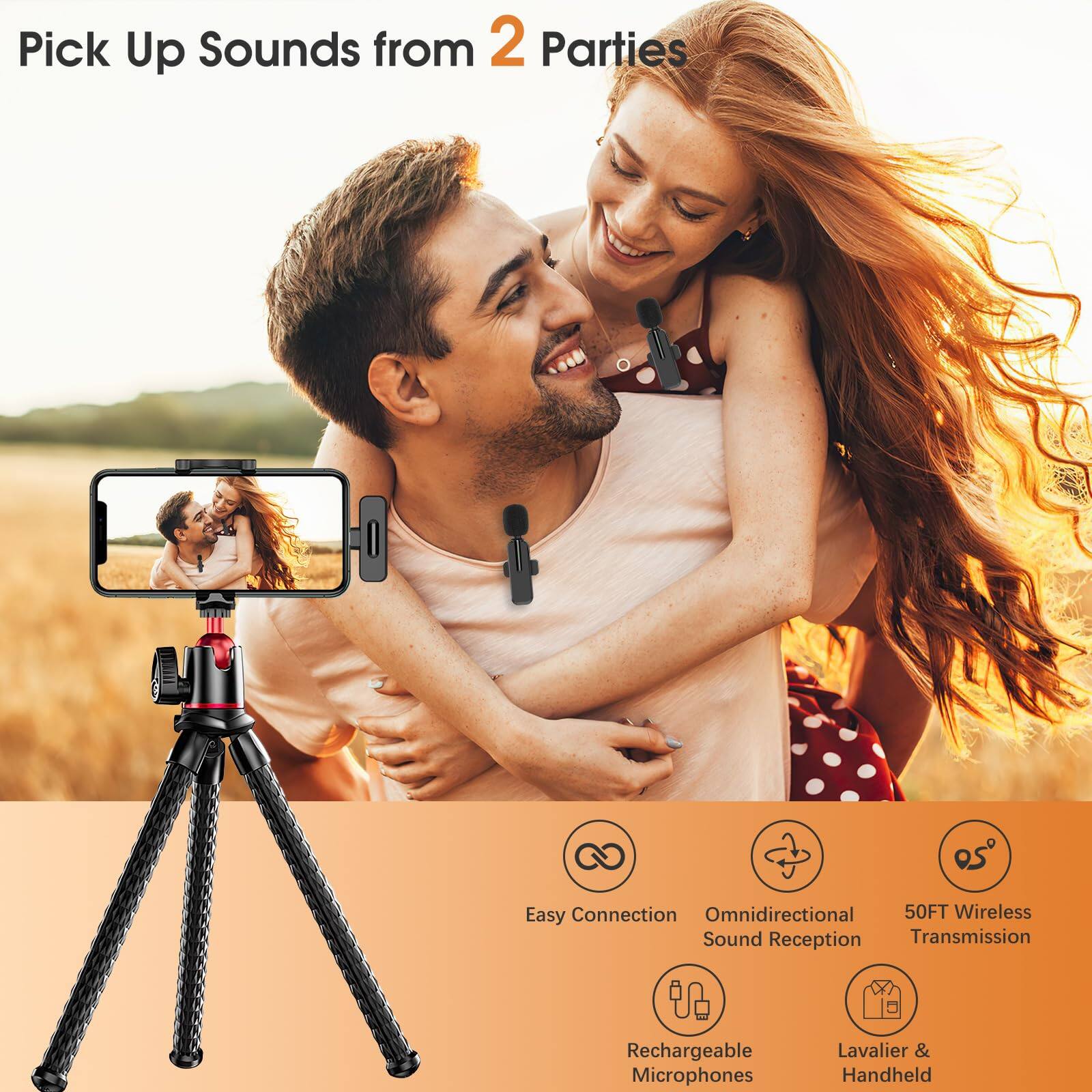 Pick Up Sounds from 2 Parties

- Easy Connection
- Omnidirectional Sound Reception
- 50FT Wireless Transmission
- Rechargeable Microphones
- Lavalier & Handheld