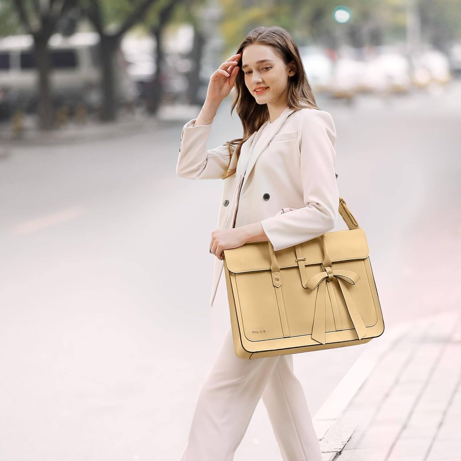 Angle. mosiso - Laptop Bag for Women 15-15.6 inch PU Leather Laptop Shoulder Bags Convertible Backpack Casual Handbag Work Computer Bag - Turmeric.