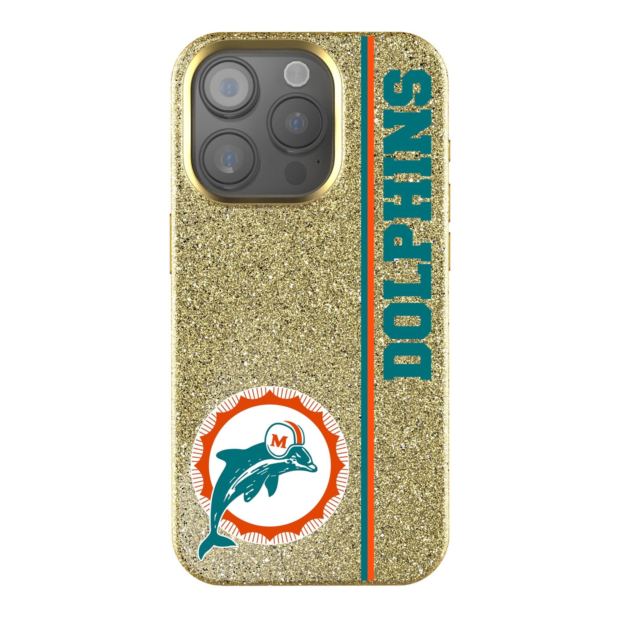 Front. Keyscaper - Miami Dolphins Throwback Logo iPhone Bling Case - 16 Pro Max - Gold.