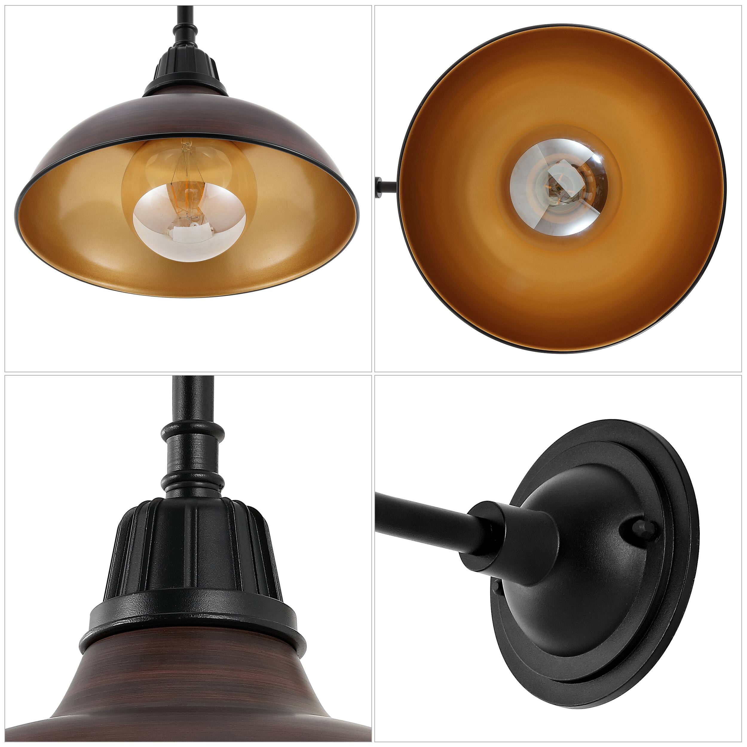 Alt View 4. Jonathan Y - Aurora 12.25" 1-Light Farmhouse Industrial Indoor/Outdoor Iron LED Gooseneck Arm Outdoor Sconce, Wood Finish/Copper - Wood Finish/Black.