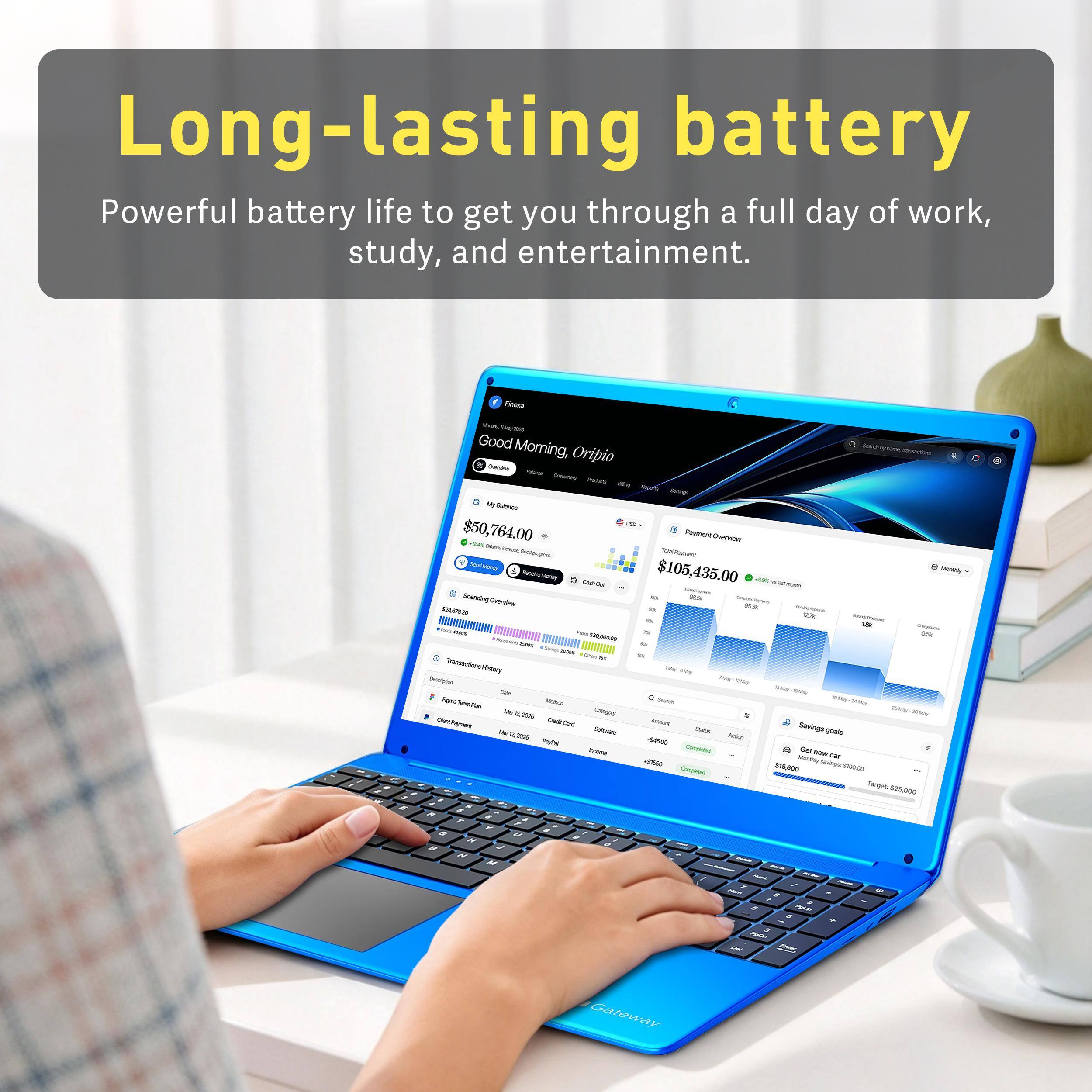 Long-lasting battery  
Powerful battery life to get you through a full day of work, study, and entertainment.