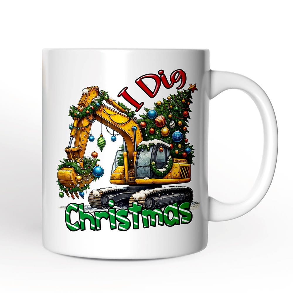 OrnamentallyYou - I Dig Christmas Mug, Christmas Kids Excavator Gifts - White