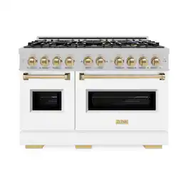 ZLINE - Autograph 48 in. 6.7 cu. ft. Classic Freestanding DuoPro Dual Fuel Range in Satin Steel with White & Bronze Accents - White Matte