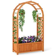 Front. Costway - Costway 1 PCS Raised Garden Bed Wooden Elevated Planter Box with Lattice Trellis & Ached Roof - Natural.