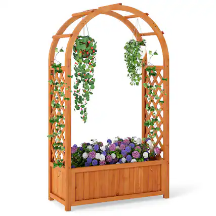 Front. Costway - Costway 1 PCS Raised Garden Bed Wooden Elevated Planter Box with Lattice Trellis & Ached Roof - Natural.