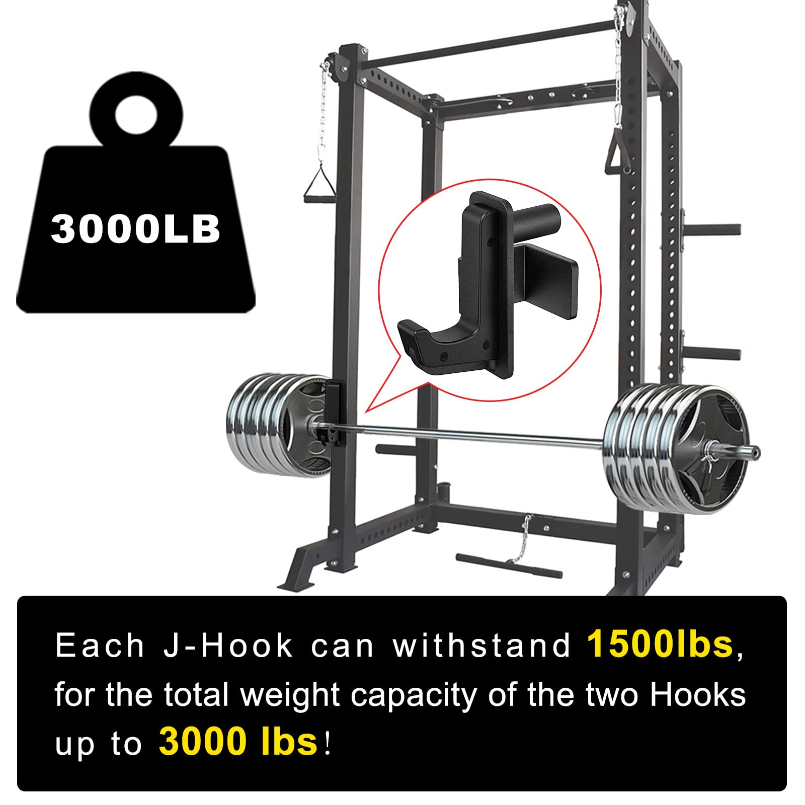 Each J-Hook can withstand 1500lbs, for the total weight capacity of the two Hooks up to 3000 lbs!