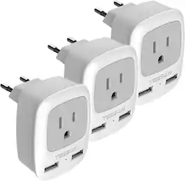 Wikistore - 3 Pack European Travel Plug Adapter with 2 USB Ports Type C Outlet Charger for EU Spain Germany France Italy - White