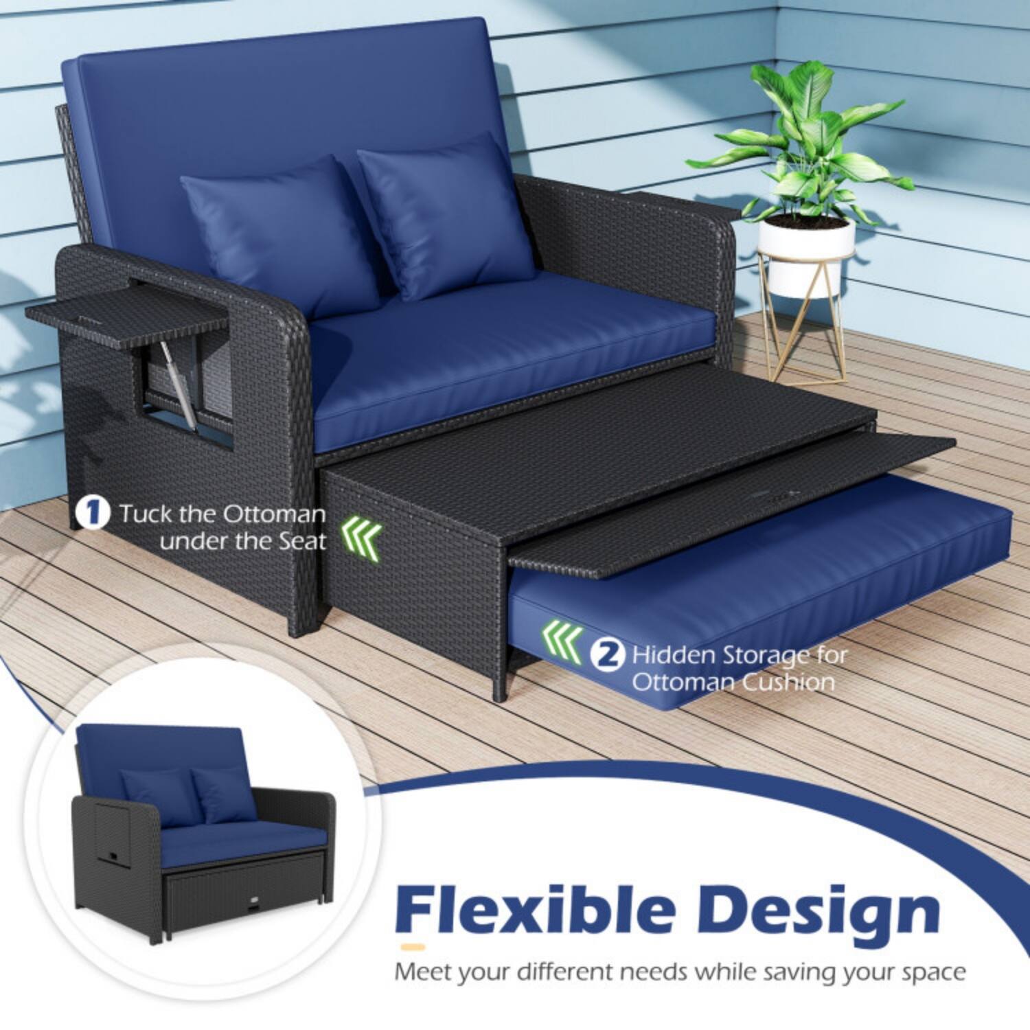 1. Tuck the Ottoman under the Seat  
2. Hidden Storage for Ottoman Cushion  

Flexible Design  
Meet your different needs while saving your space