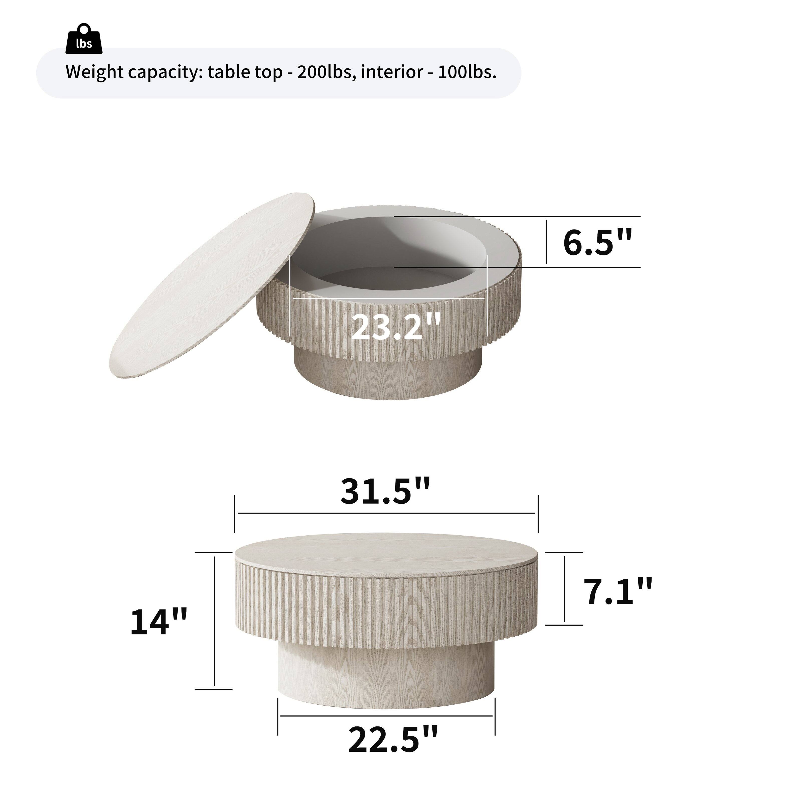 Weight capacity: table top - 200lbs, interior - 100lbs.  
6.5" 23.2" 31.5" 14" 7.1" 22.5"