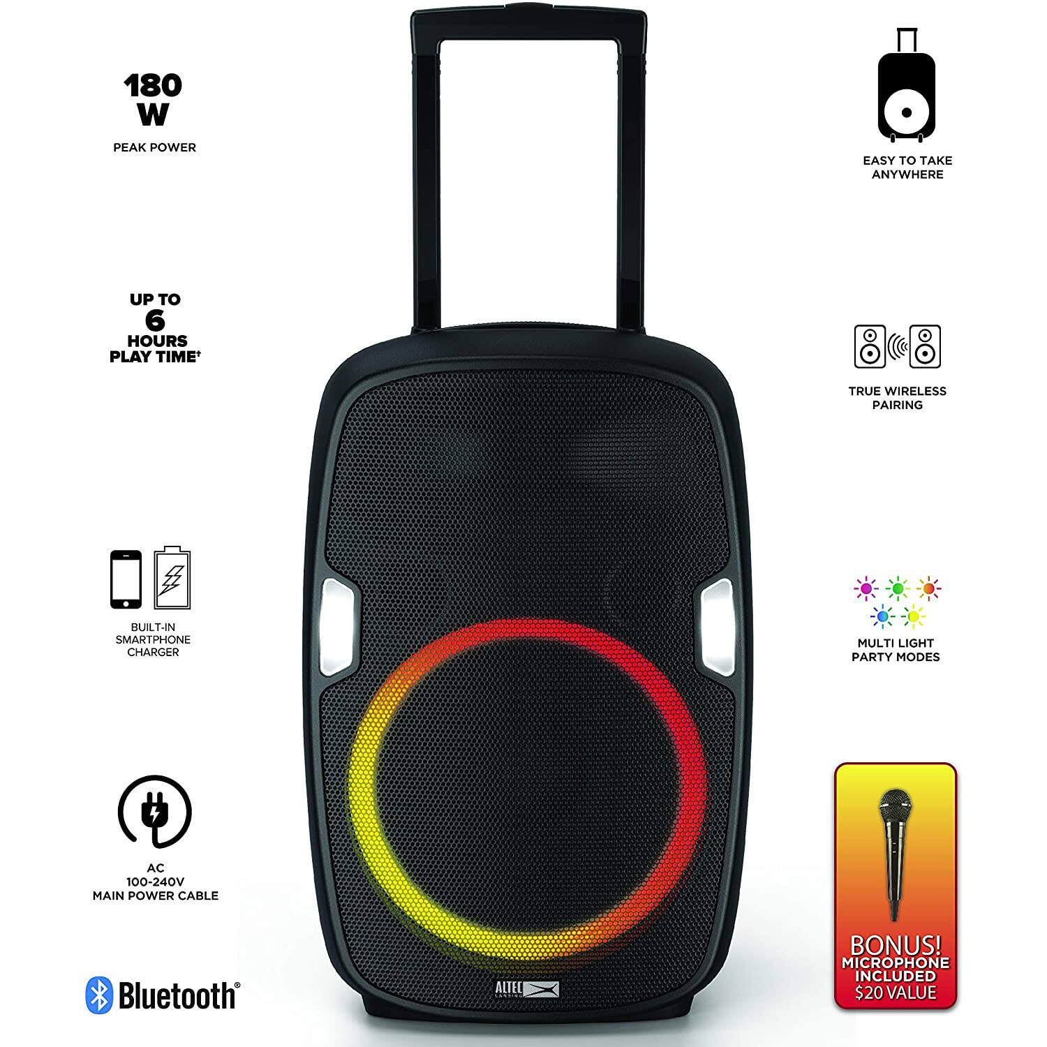 The text on the image is grouped and corrected as follows:

1. 180 W PEAK POWER EASY TO TAKE ANYWHERE UP TO 6 HOURS PLAY TIME
2. True Wireless PAIRING BUILT-IN SMARTPHONE CHARGER
3. Multi Light Party Modes AC 100-240V MAIN POWER CABLE
4. Bluetooth ALTEL BONUS! MICROPHONE INCLUDED $20 VALUE