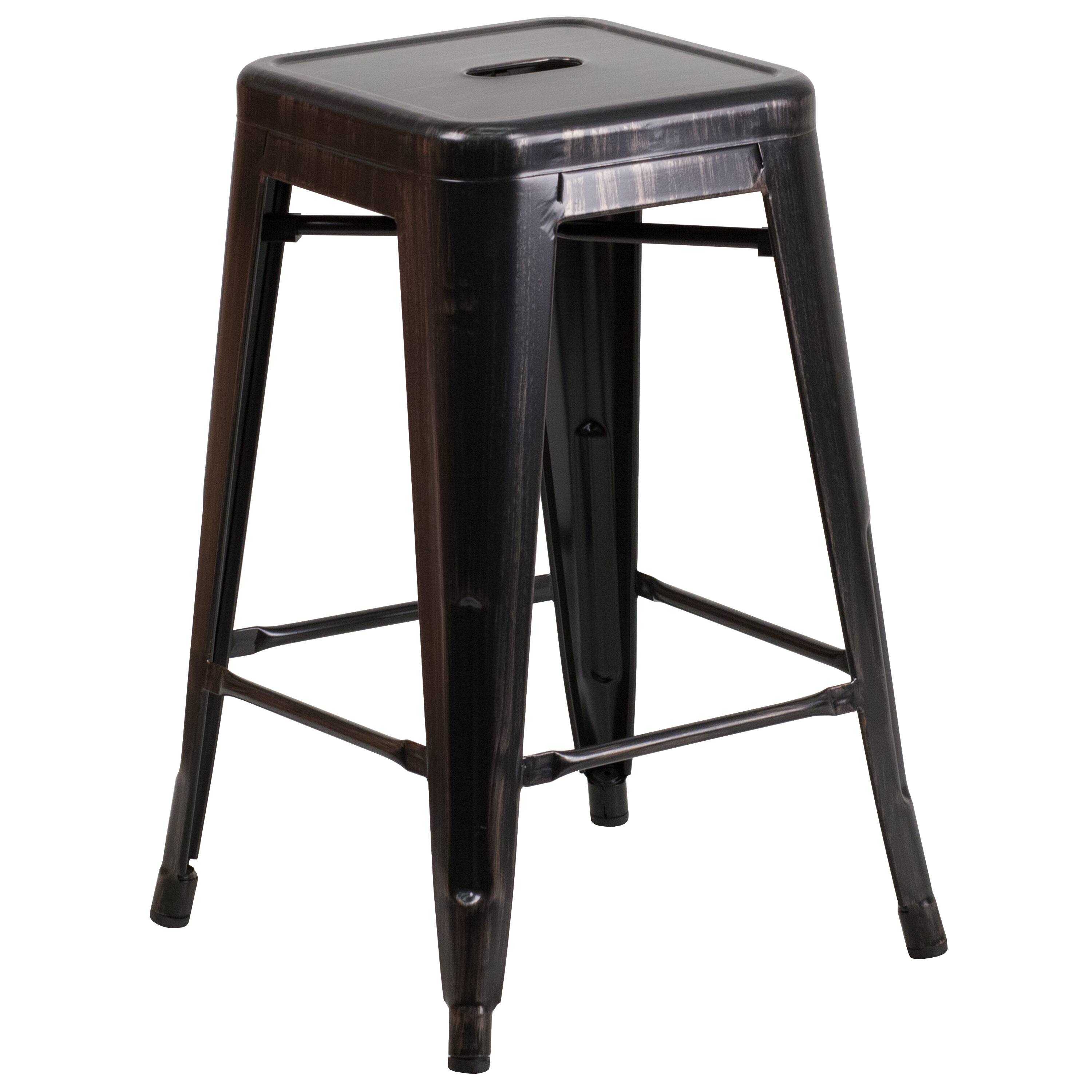 Emma + Oliver - Commercial Grade 24"H Backless Metal Indoor-Outdoor Counter Stool w/ Square Seat - Black-Antique Gold