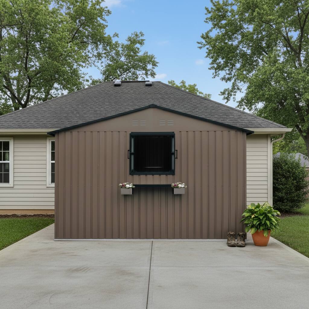 Left. Anysun - 12x10 FT Outdoor Metal Storage Shed with 3 Clear Windows & Decorative Flower Rack – Lockable Single Door, Heavy Duty - Brown.