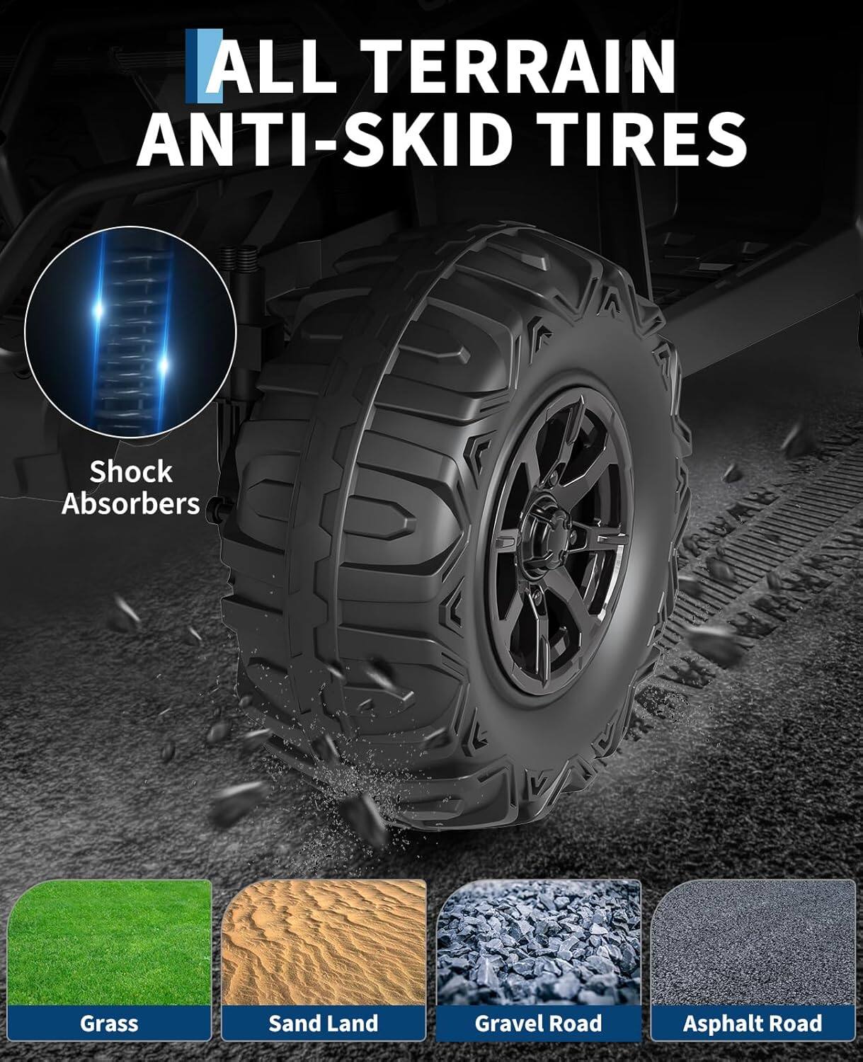 ALL TERRAIN ANTI-SKID TIRES

Shock Absorbers

Grass
Sand Land
Gravel Road
Asphalt Road