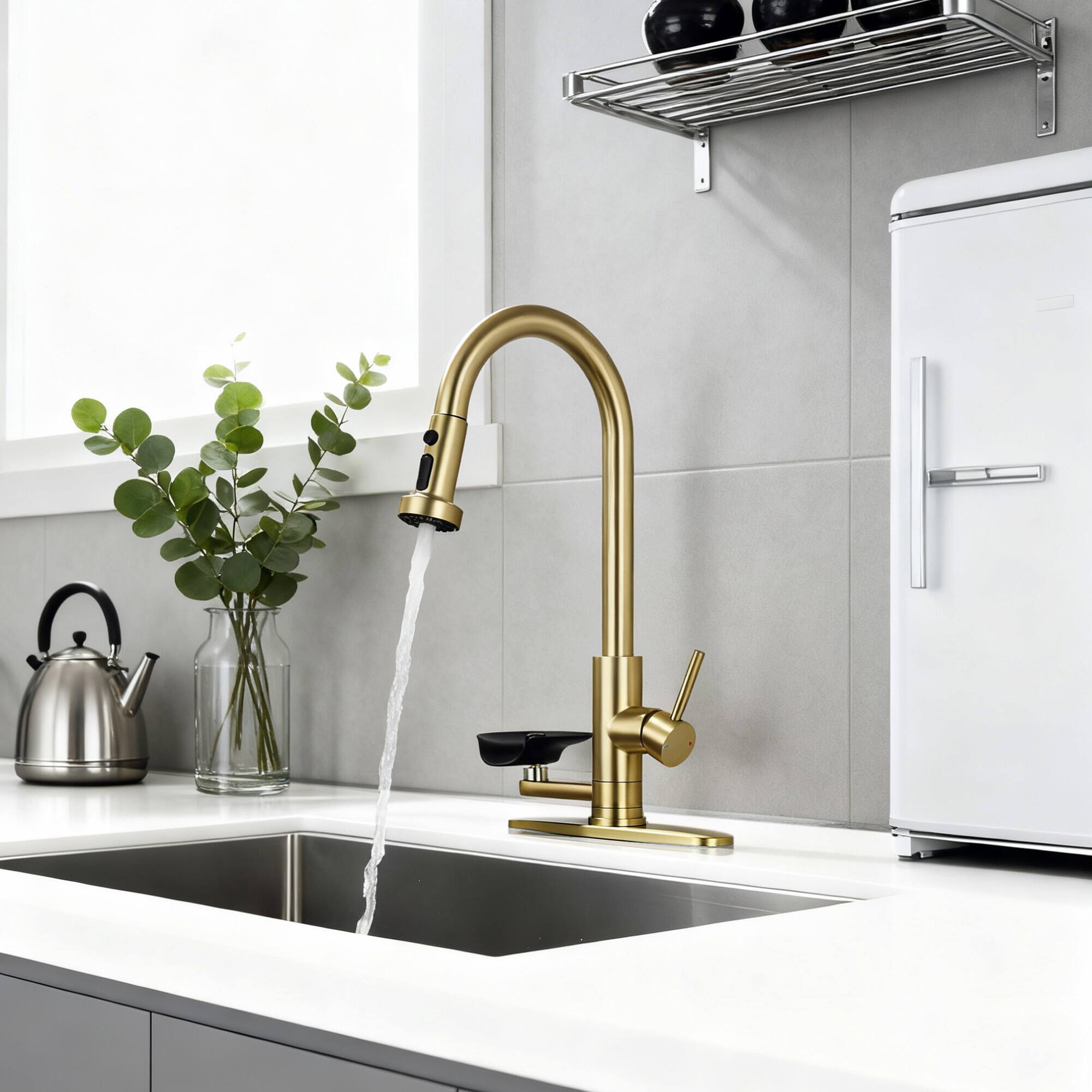 Alt View 2. Siljoy - 3-in-1 Kitchen Faucet with Press-Type Glass Rinser Universal for 1 & 3 Holes High-Arc Pull-Down Sprayer Brushed Gold - Brushed Gold.