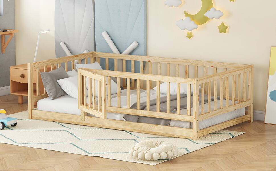 Alt View 2. GOODSILO - Twin Size Montessori Floor Bed with Fence and Door, Wood Bed Frame for Kids, Boys & Girls - Oak.