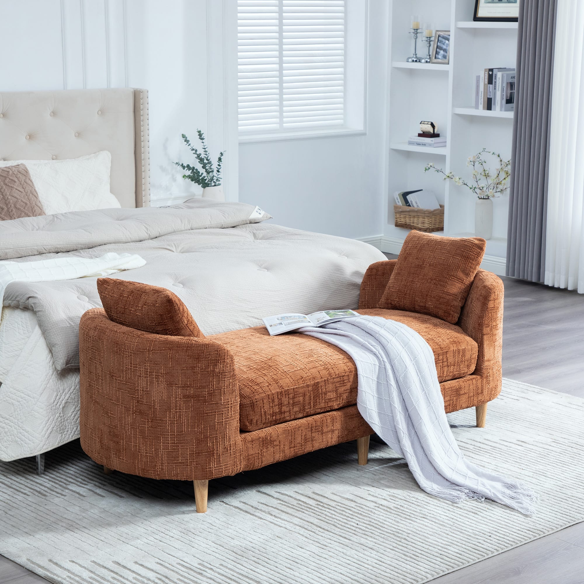 Ropilly - Upholstered End of Bed Bench Chenille Chaise Lounge Couch Backless Daybed with Armrests - Orange