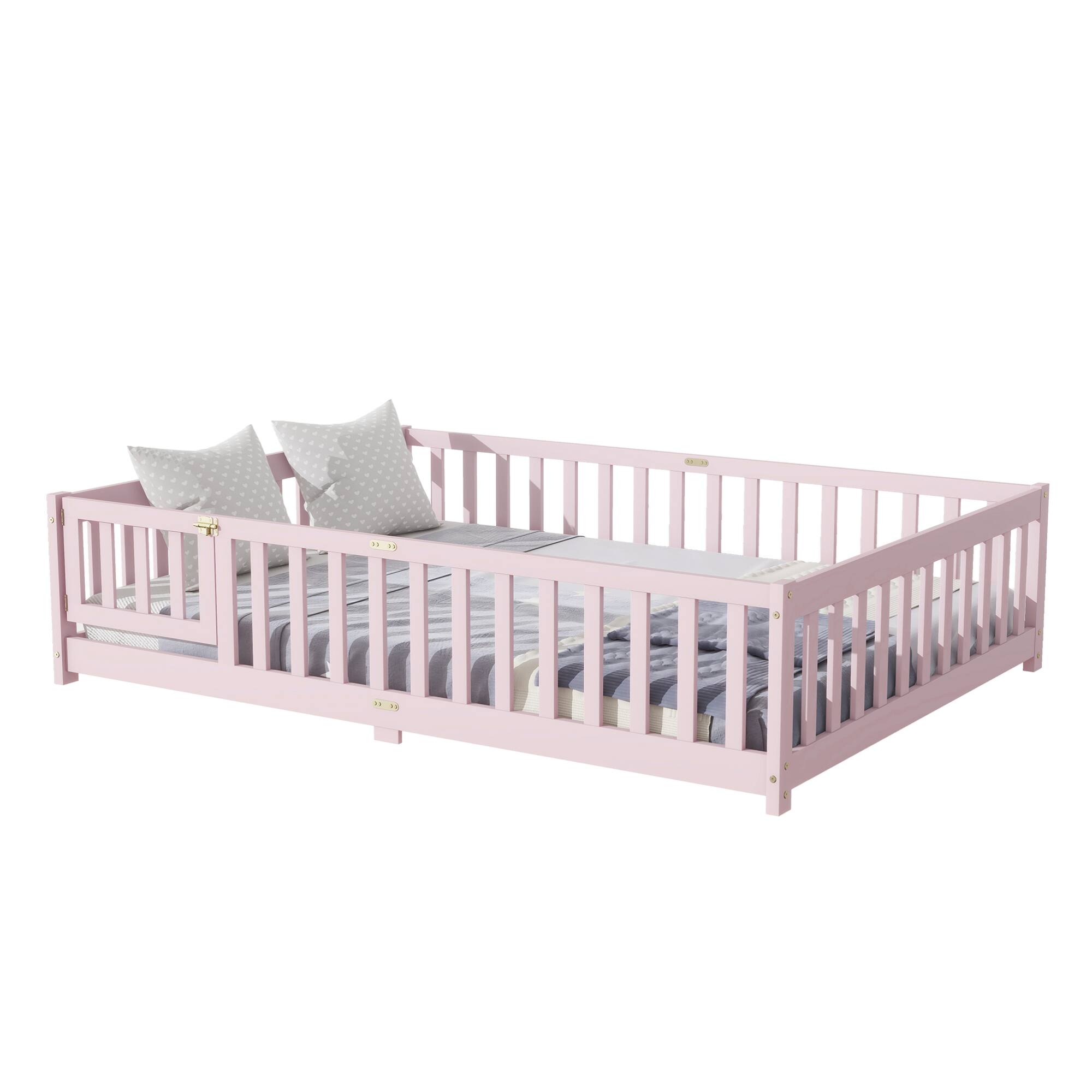 Alt View 7. GOODSILO - Full Size Floor Bed with Safety Fence and Revolving Door for Children, Sturdy Rubber Wood Construction - Pink.