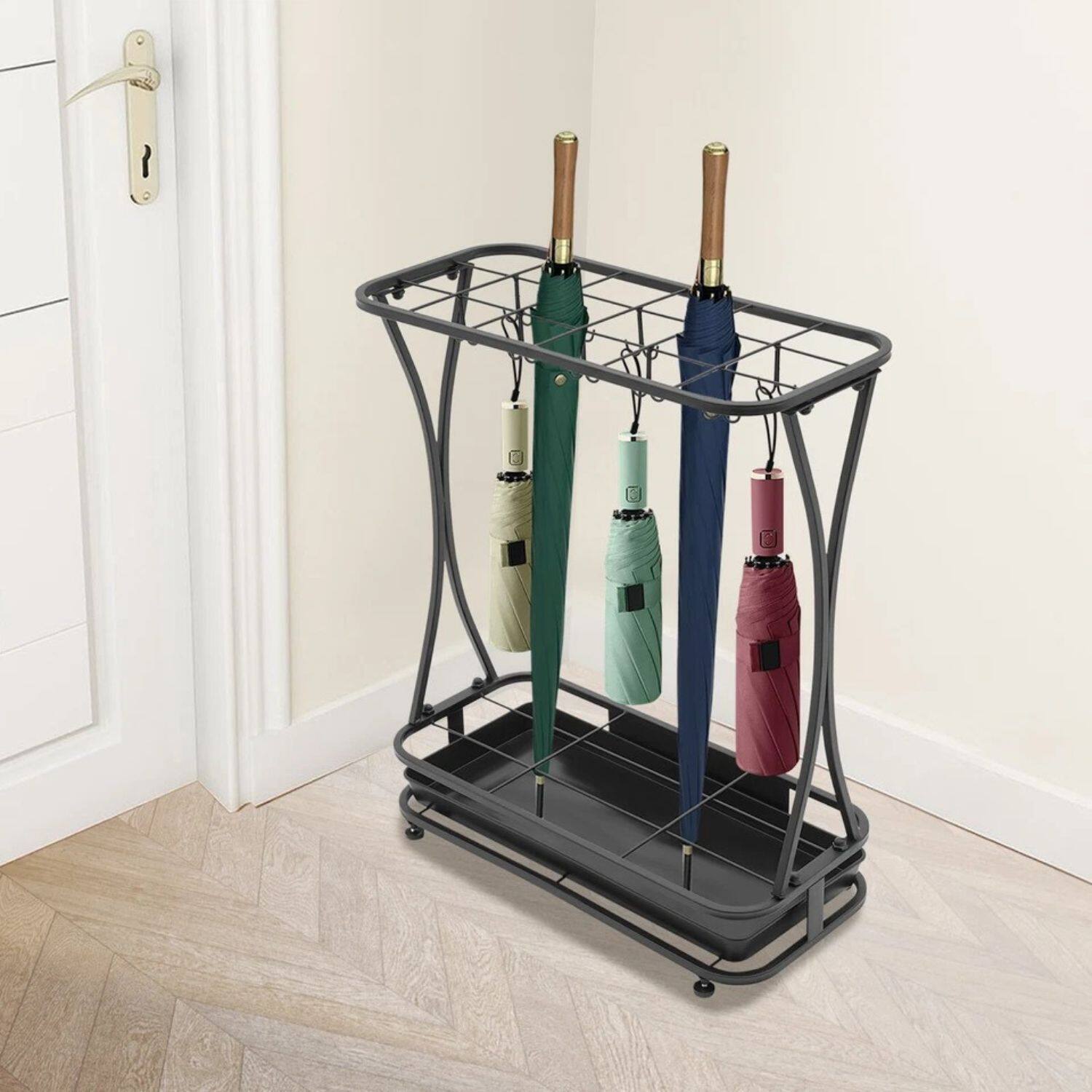 Back. Stock Preferred - Freestanding Umbrella Stand Organizer with Drip Tray - Black.