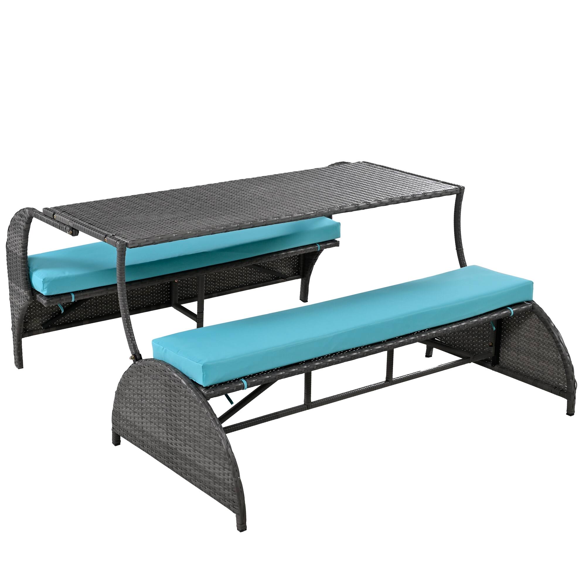Back. APRILSOUL - 2 In 1 Convertible Picnic Upholstered Bench Table 571 Outdoor Loveseat 4 Seats 1 Table Garden Lawn - Blue.