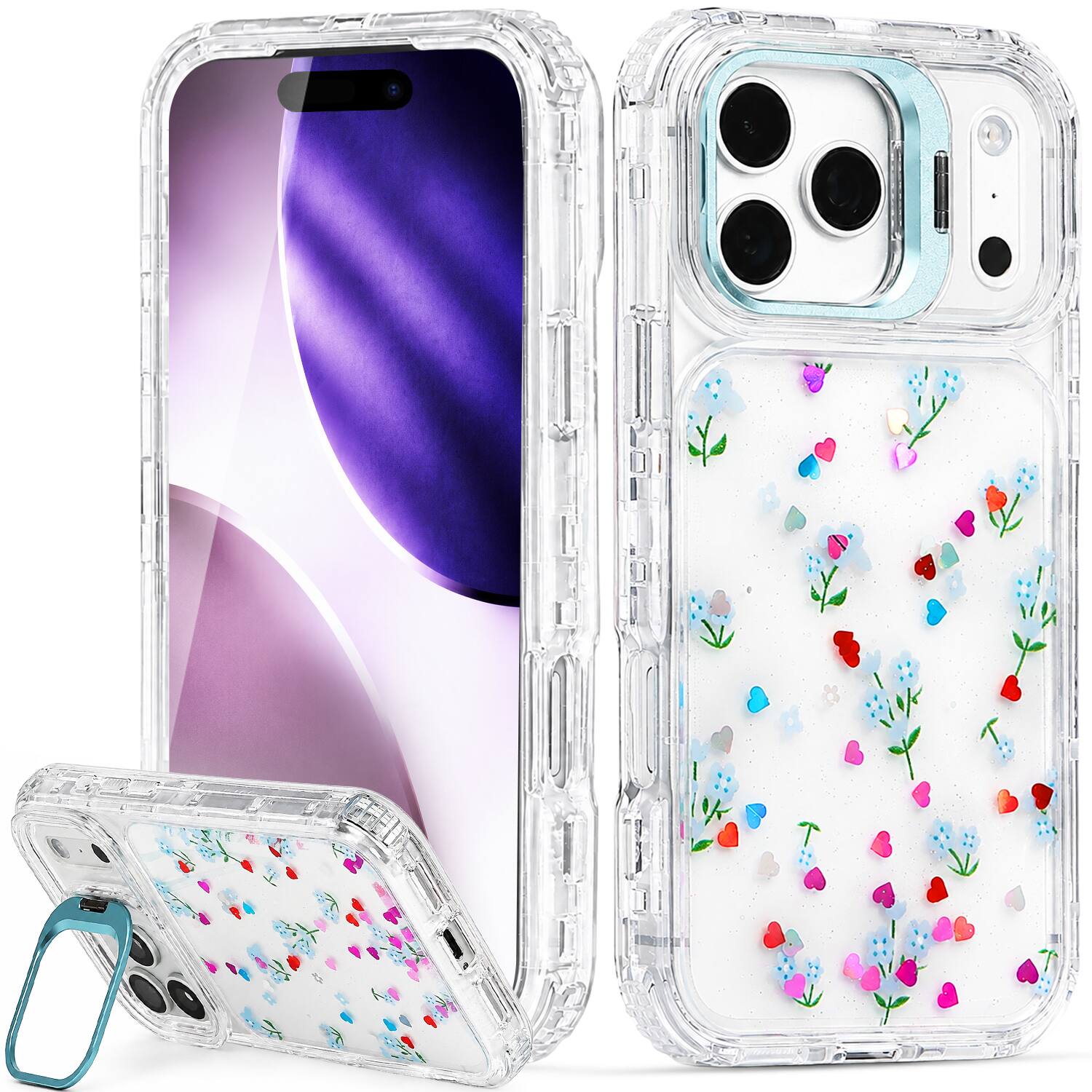 Vena - For Apple iPhone 18 Pro Max Case, For iPhone 17 Pro Max Case with Kickstand, Drop Protection Flower Phone Case, Clear - Clear|Blue
