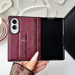 Dteck - Shockproof Phone Case for Samsung Galaxy Z Fold8 with Kickstand, Slim Rigid Plastic Faux Leather Hinge Protection Cover - Winered