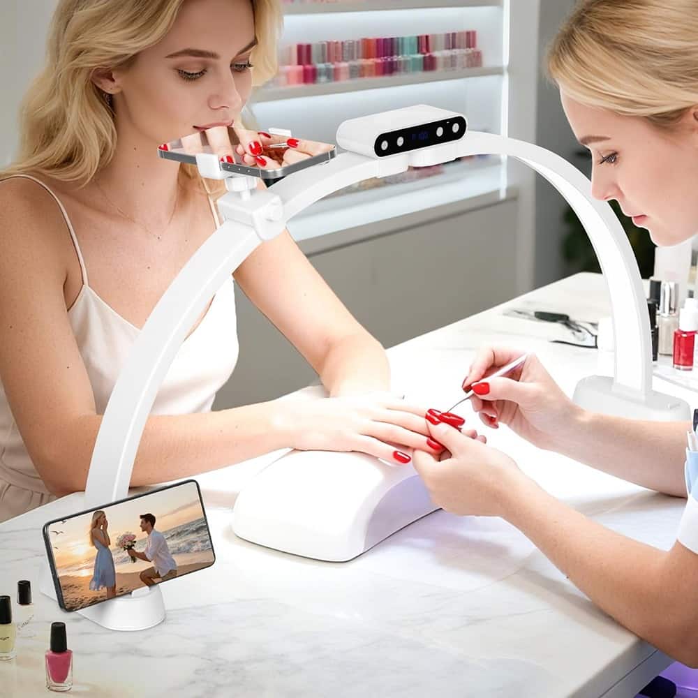 MOSZAR LLC - 29" Foldable Half Moon Nail Desk Lamp with Phone Holder, 3 Colors, 10 Brightness Levels