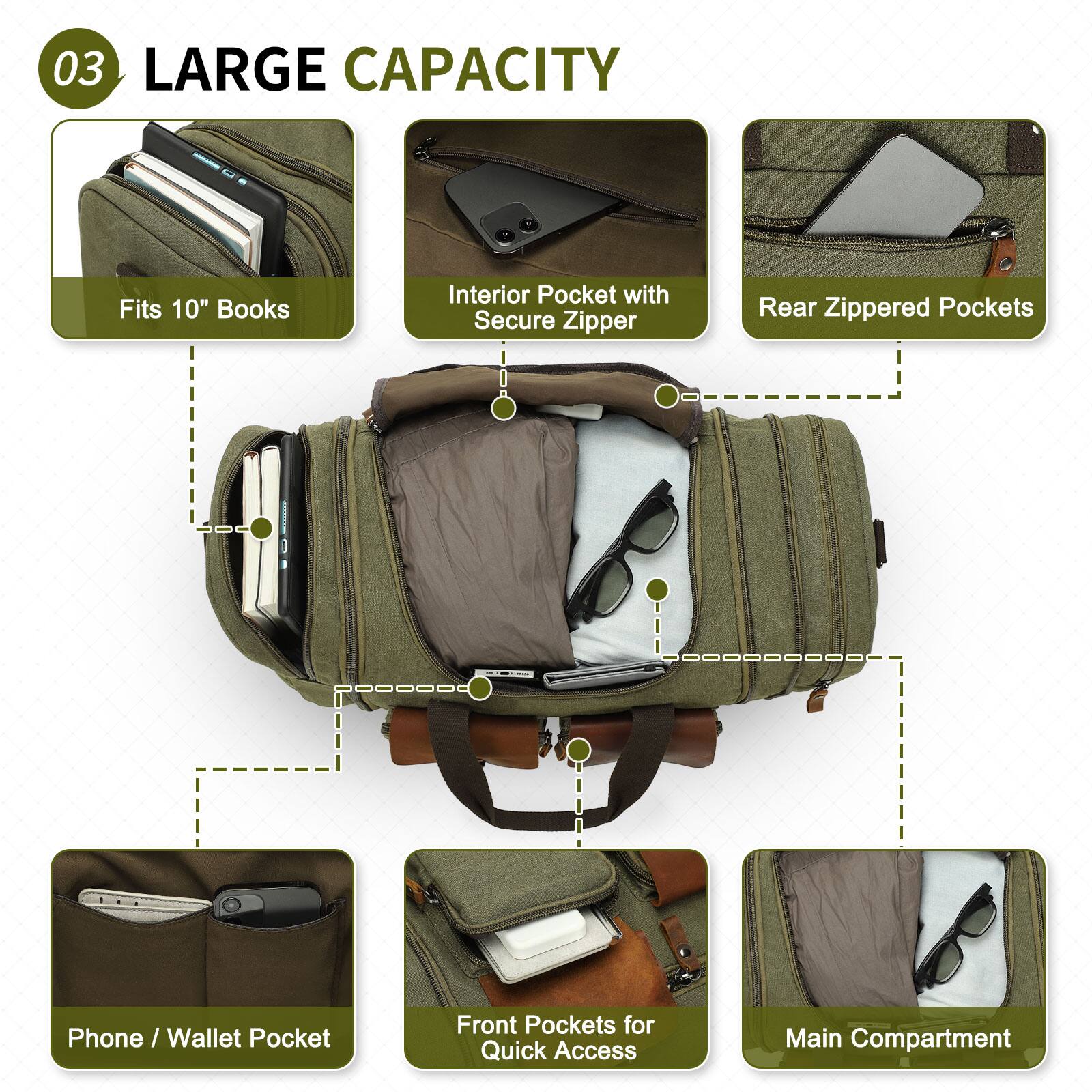 03 LARGE CAPACITY

- Fits 10" Books
- Interior Pocket with Secure Zipper
- Rear Zippered Pockets
- Phone / Wallet Pocket
- Front Pockets for Quick Access
- Main Compartment