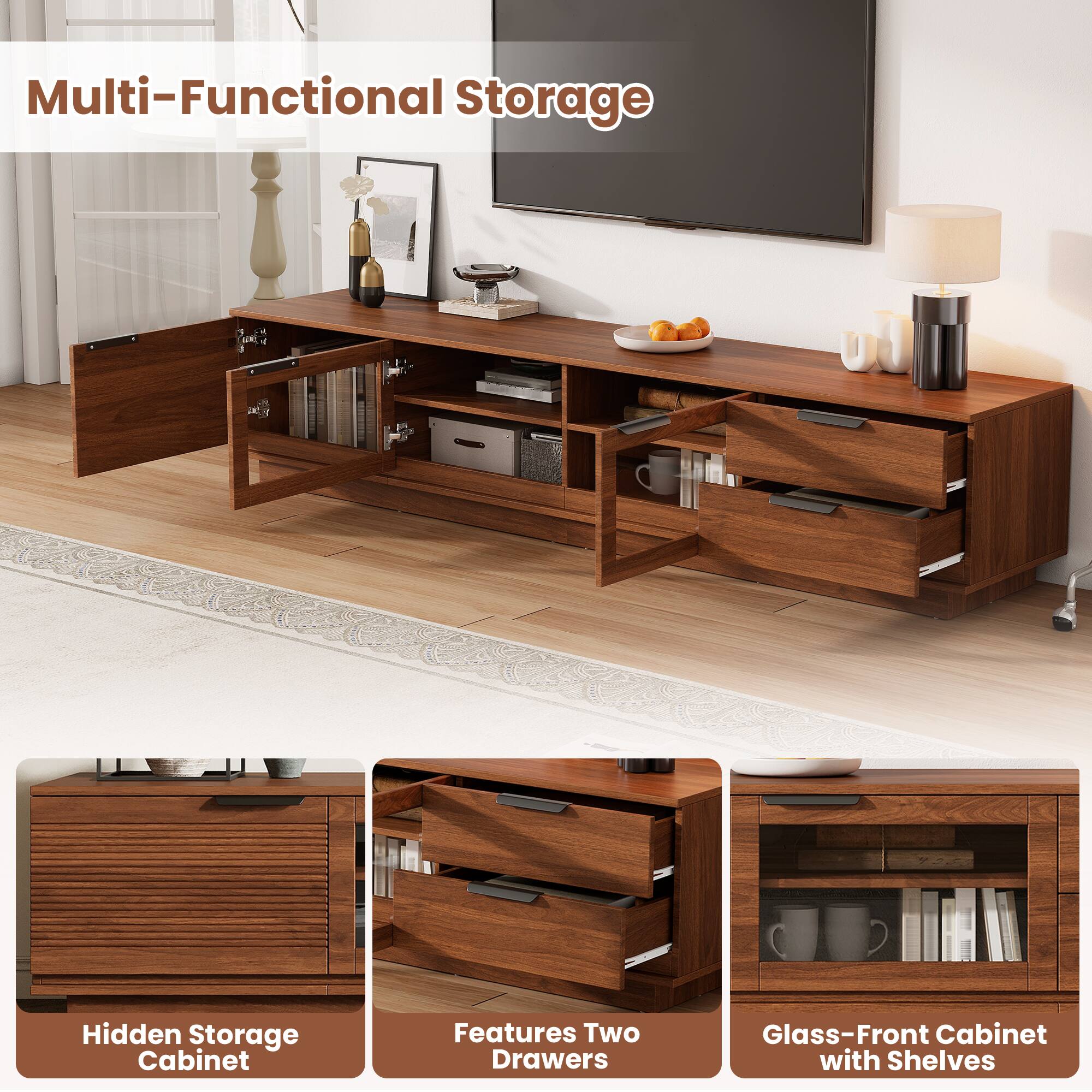 Multi-Functional Storage

Hidden Storage Cabinet

Features Two Drawers

Glass-Front Cabinet with Shelves