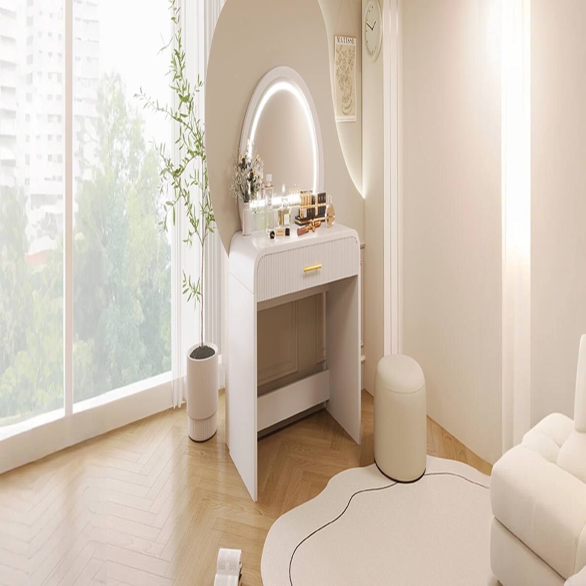 Alt View 7. Loheer - Loheer White Makeup Vanity Table with Touch Screen Lighted Mirror and Drawer - White.