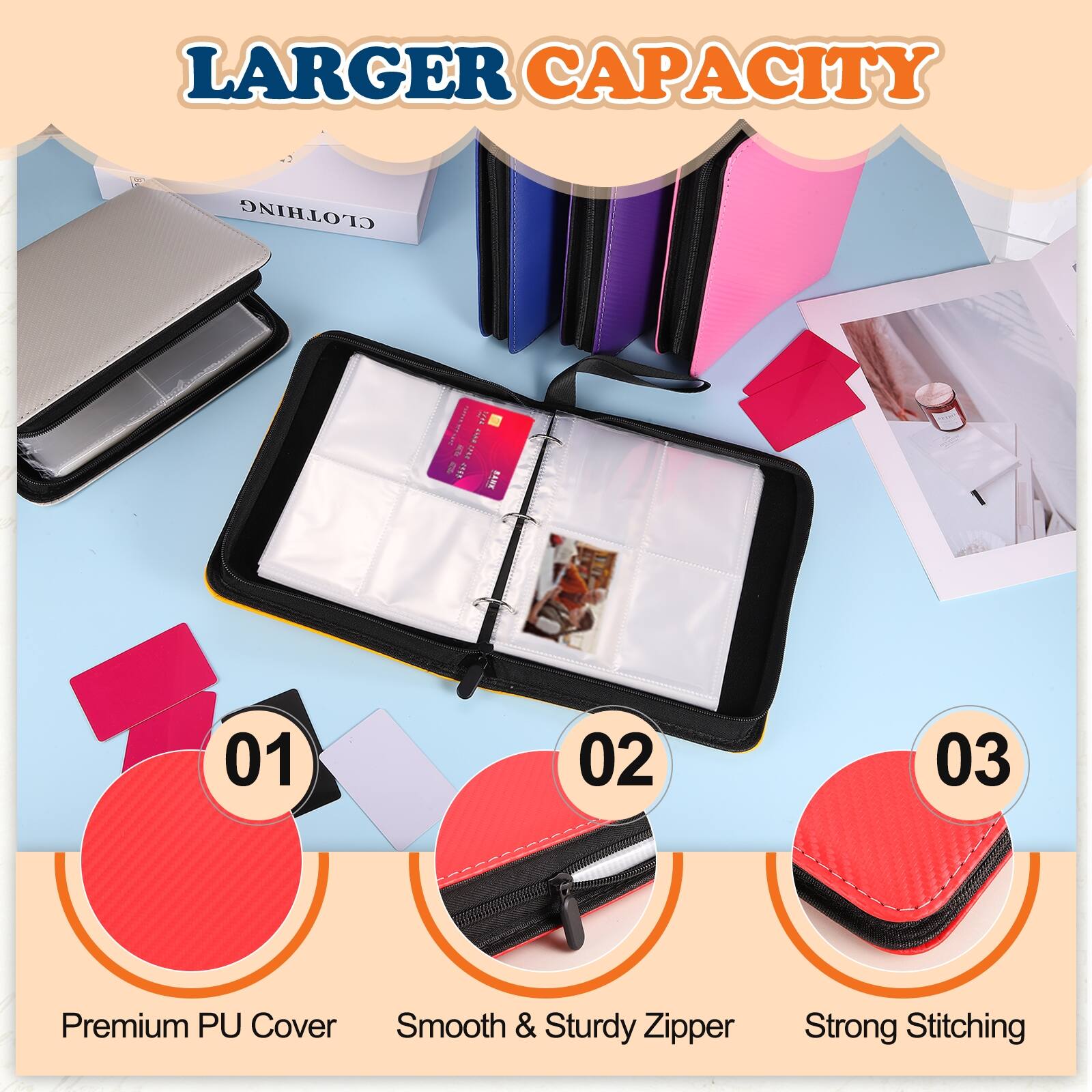 LARGER CAPACITY

1. Premium PU Cover
2. Smooth & Sturdy Zipper
3. Strong Stitching