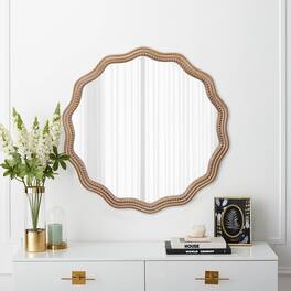 BreeBe - 23.62" Wood Round Wavy Wall Mirror, Scalloped Large Decorative Wood Framed Hanging Circle Mirror, Farmhouse Decor - Antique Natural