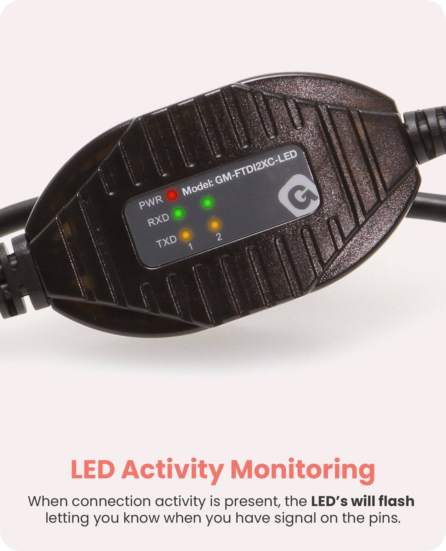 GM-FTDI2XC-LED  
Model: G  

PWR RXD TXD  
2 1  

LED Activity Monitoring  
When connection activity is present, the LED's will flash letting you know when you have signal on the pins.