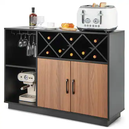 Front. Costway - Industrial Wine Bar Cabinet Sideboard Buffet with Glass Holder & Adjustable Shelf - Black / Brown.