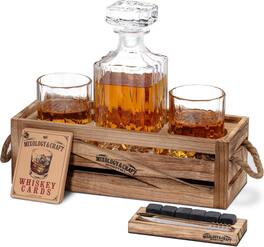 Zulay Kitchen - Whiskey Decanter Gift Set – 10oz Crystal Whiskey Glasses, Wood Stand & 6 Granite Whiskey Stones - Brown