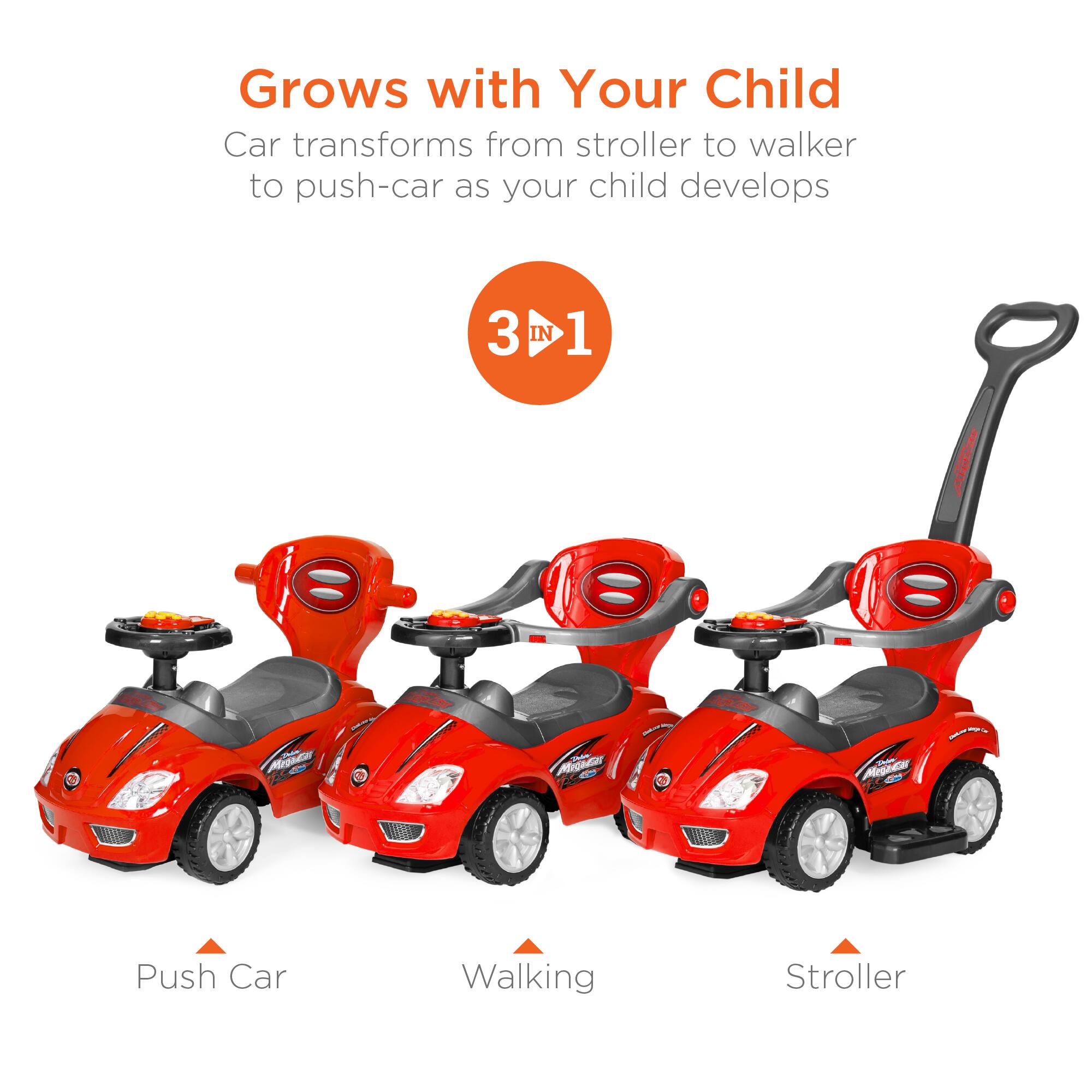 Grows with Your Child: Car transforms from stroller to walker to push-car as your child develops. 3 IN 1: Push Car, Walking Stroller.