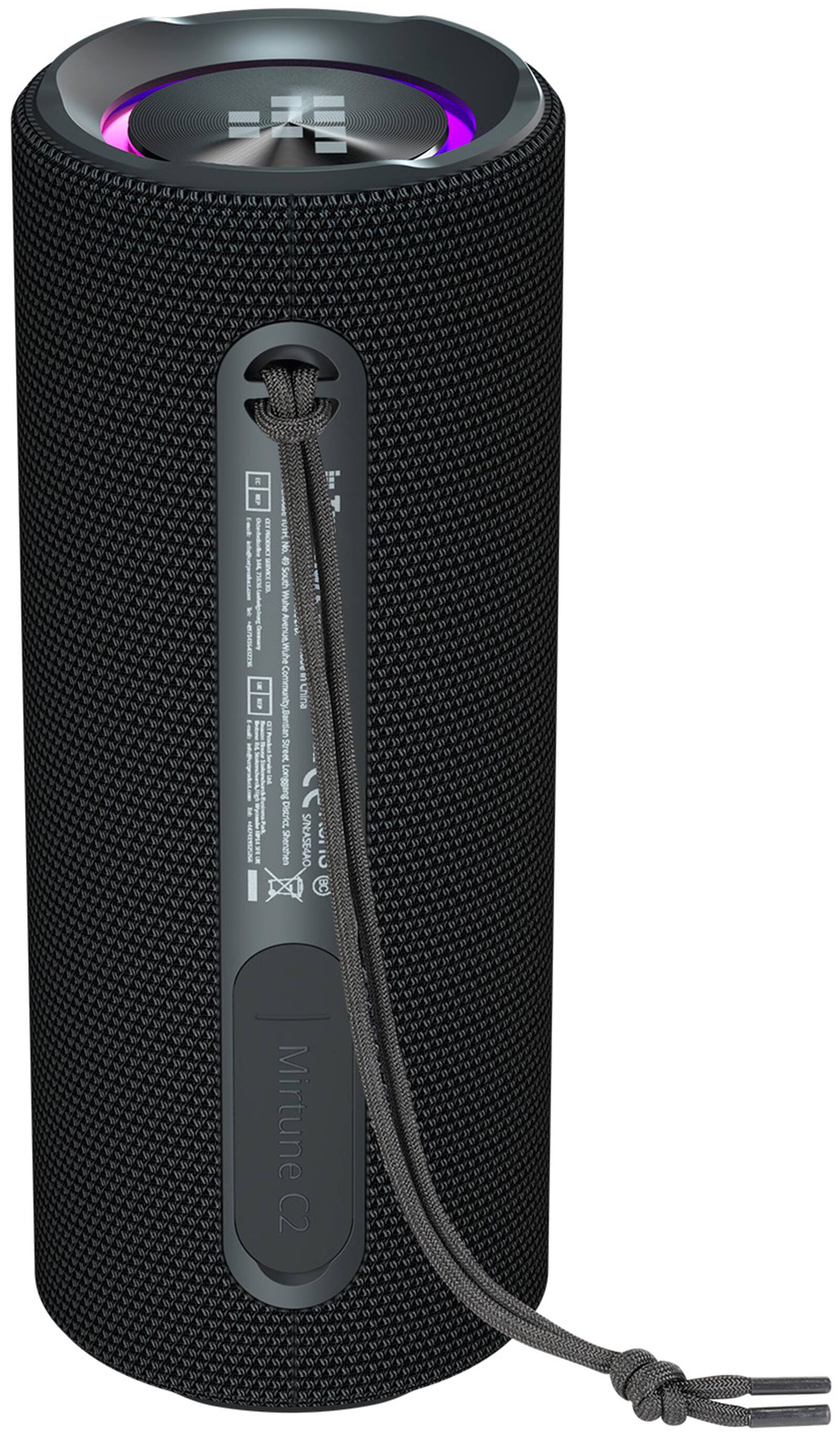 The image features a black speaker with a purple light on it. The speaker is made by the company Meridian and is designed to be portable and convenient for use. The speaker is connected to a black cord, which is likely used for charging or connecting it to a device. The speaker is placed against a white background, making it stand out prominently in the image.