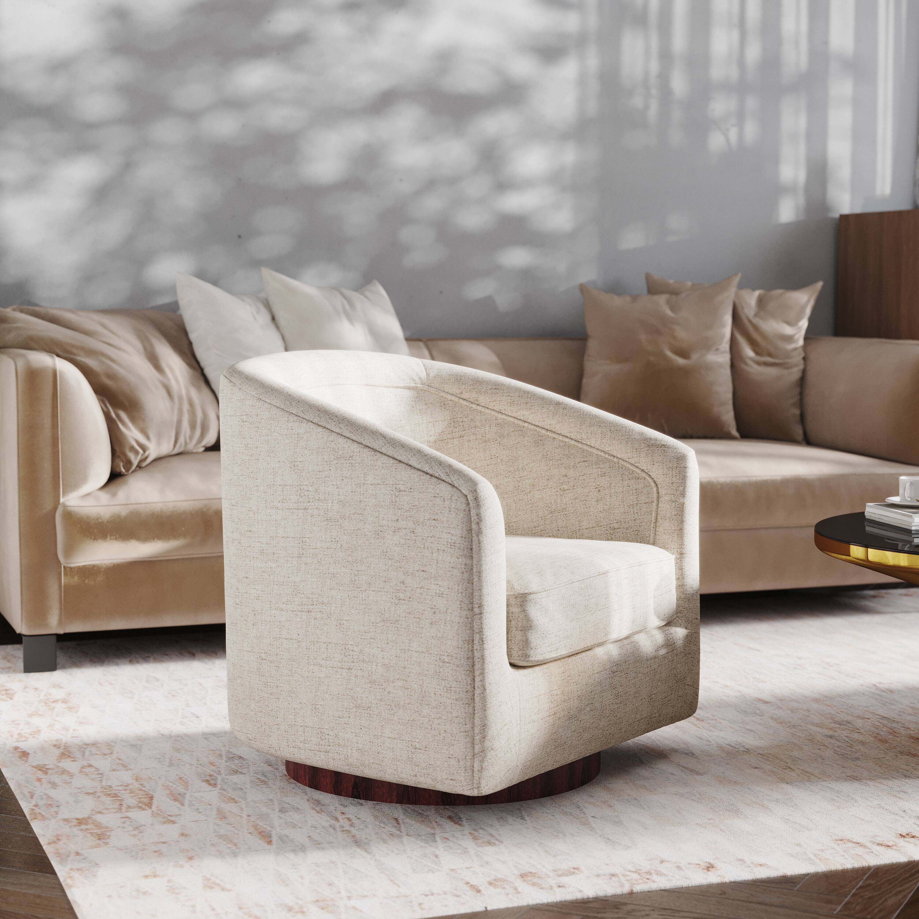 Alt View 1. Emma + Oliver - Della Club Style Barrel Accent Chair with 360 Degree Swivel Brushed Gold Vinyl Wrapped Base and Sloped Armrests - Cream.