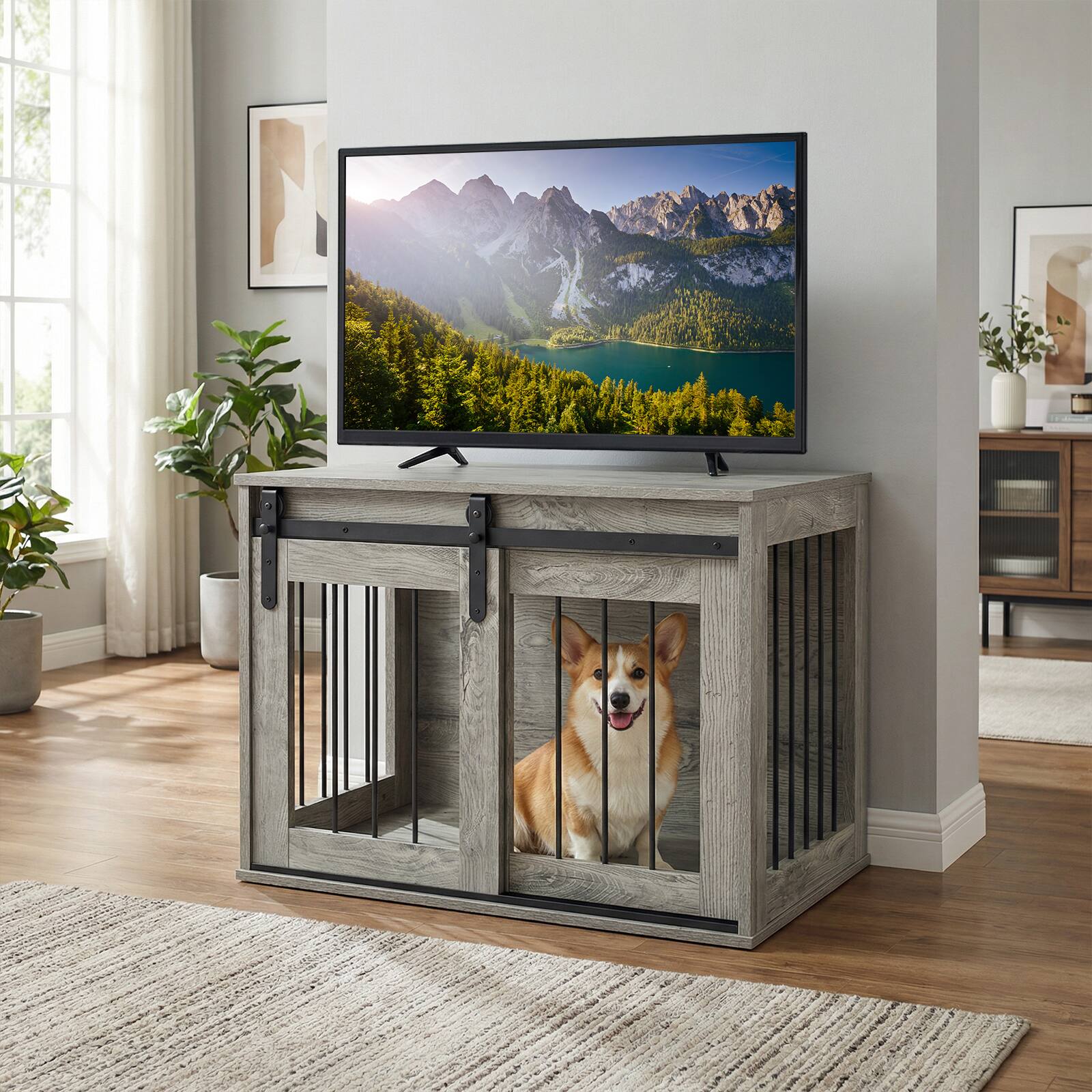 Alt View 3. Gymax - Gymax Dog Crate Furniture 31.5'' Heavy Duty Dog Kennel w/Sliding Barn Door Metal Frame Grey.