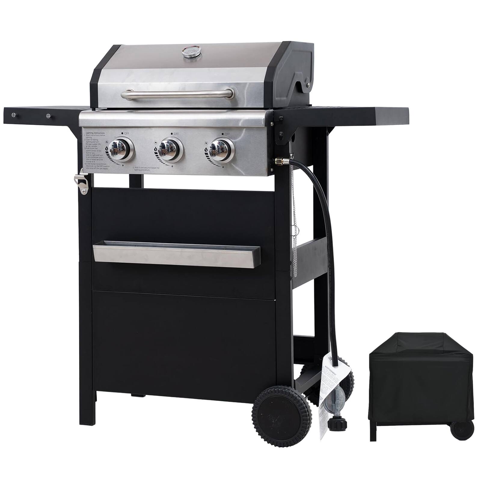 Front. Chateau Abodes - 3-Burner Propane Gas Grill with Waterproof Cover, 27,000 BTU, Stainless Steel for Outdoor BBQ, Camping, Backyard - Black, Sliver.