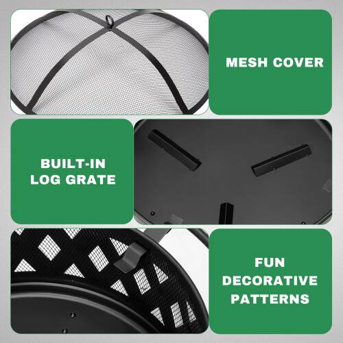 MESH COVER  
BUILT-IN LOG GRATE  
FUN DECORATIVE PATTERNS