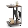 Costway - 1 PCS C-shaped Side Table 2-tier Sofa Couch Table with Canvas Storage Pouch Brown - Rustic Brown + Black