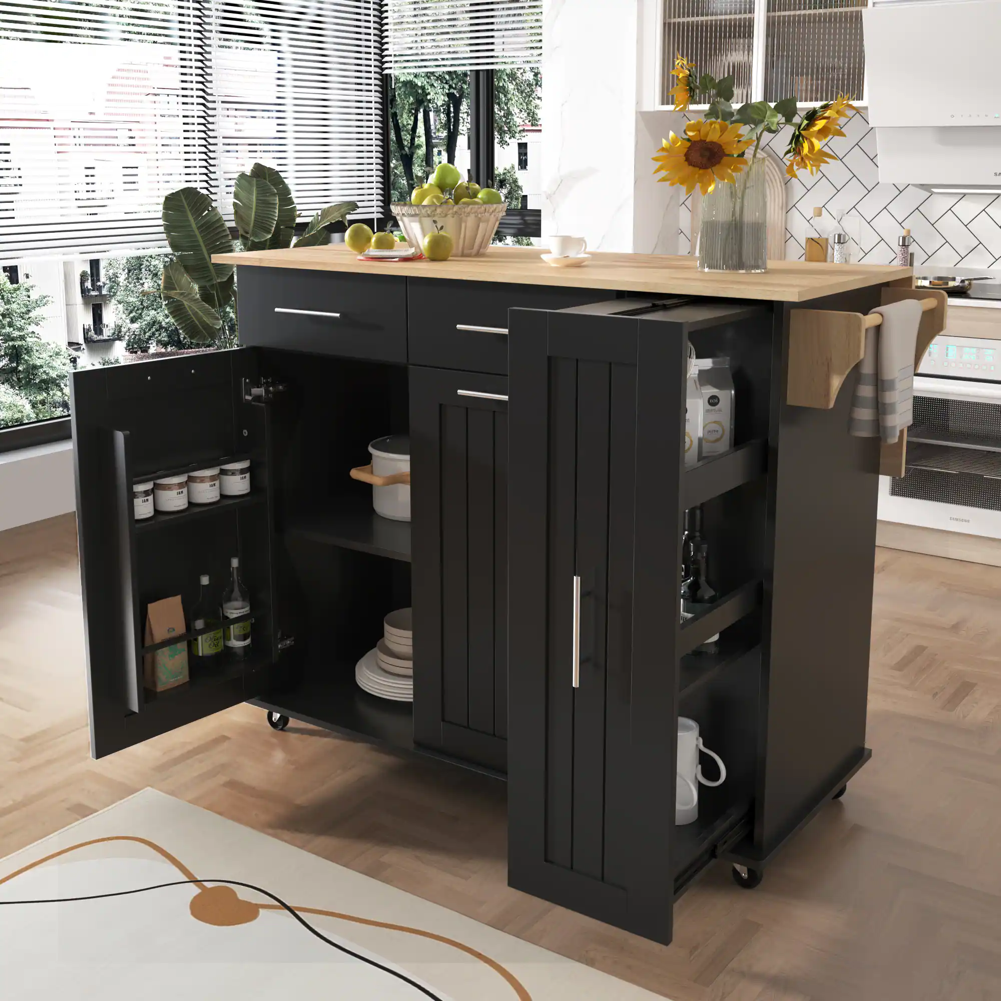 Angle. Spaco - Spaco Rolling Kitchen Island Cart with 3 Tier Pull Out Organizer, 2 Drawers, Internal Storage, Towel Rack,Locking Wheels - Black.