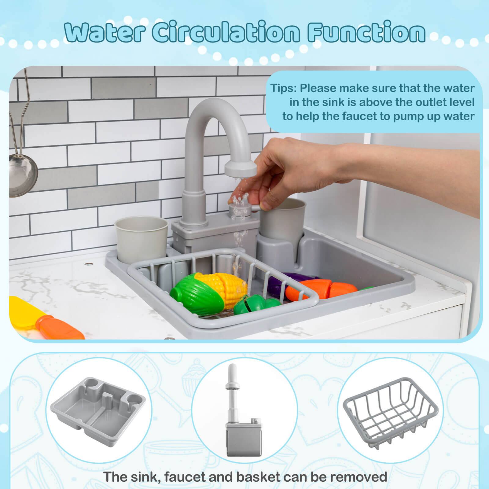 Water Circulation Function

Tips: Please make sure that the water in the sink is above the outlet level to help the faucet to pump up water

The sink, faucet and basket can be removed