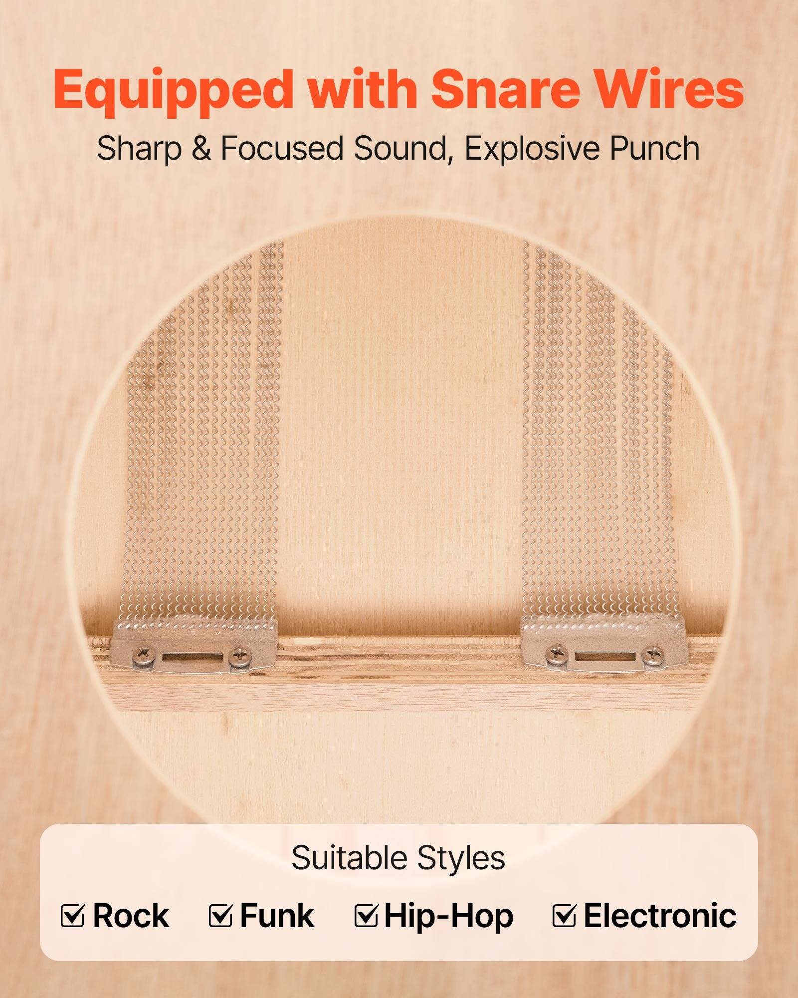 Equipped with Snare Wires  
Sharp & Focused Sound, Explosive Punch  

Suitable Styles  
Rock  
Funk  
Hip-Hop  
Electronic