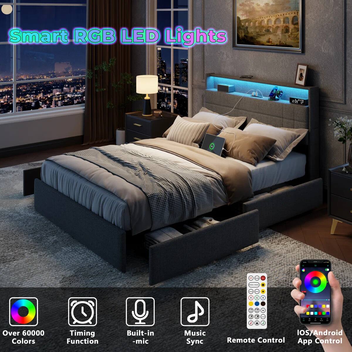 Smart RGB LED Lights

- Over 60000 Colors
- Timing Function
- Built-in Mic
- Music Sync
- Remote Control
- iOS/Android App Control