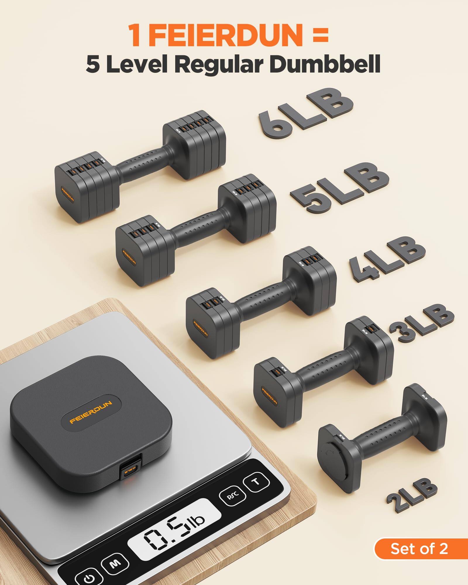 1 FEIERDUN = 5 Level Regular Dumbbell  
6LB  
5LB  
4LB  
3LB  
2LB  
Set of 2