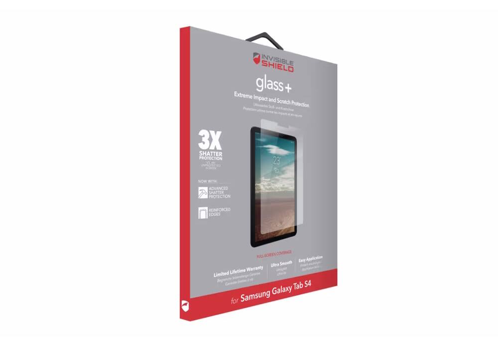 INVISIBLE SHIELD Extreme glass + Impact and Scratch Protection 3X SHATTER PROTECTION NOW WITH ADVANCED SHATTER PROTECTION REINFORCED EDGES FULL-SCREEN COVERAGE Easy Application Ultera Smooth Lifetime Warranty Limited for Samsung Galaxy Tab S4