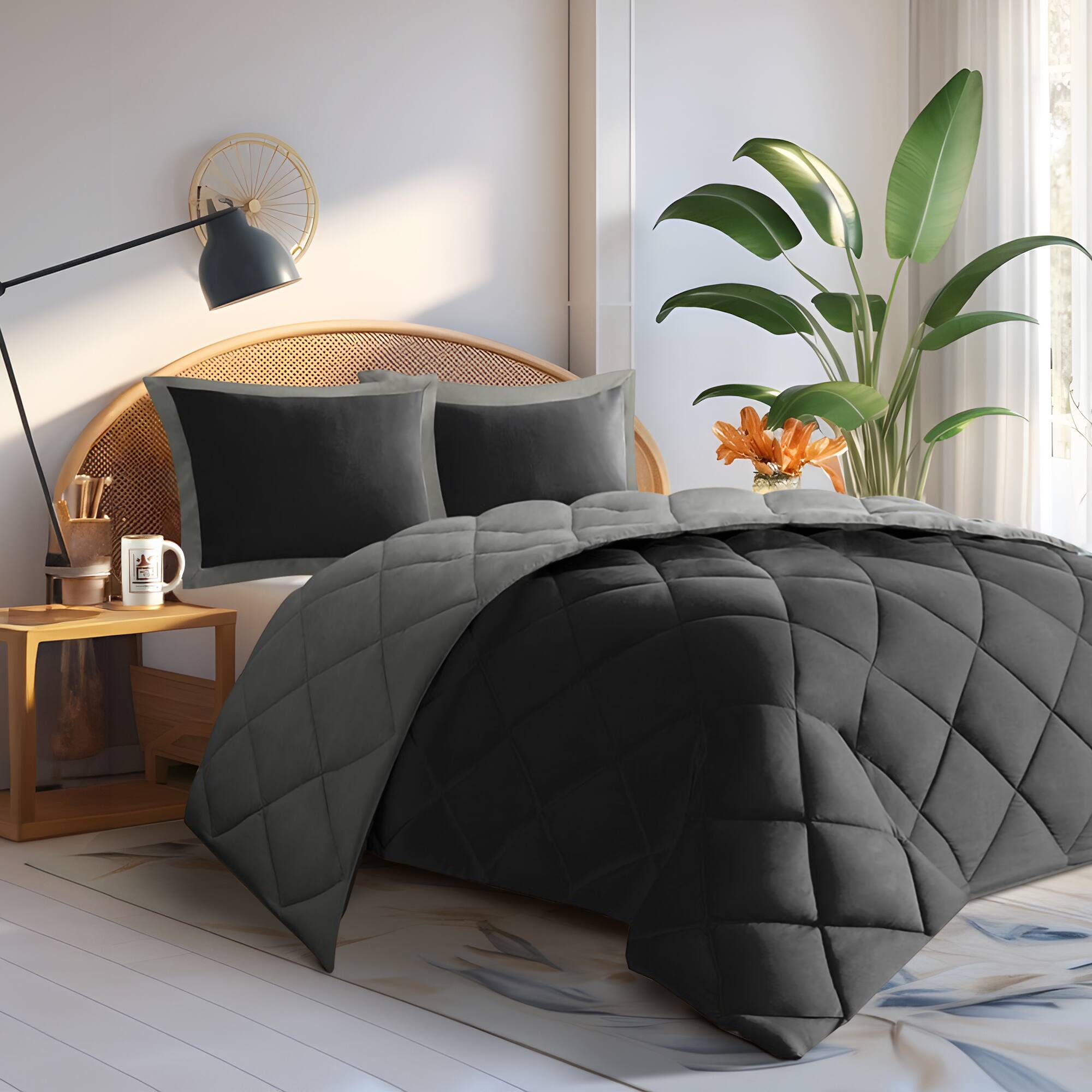 Alt View 4. Gracie Mills - Gracie Mills Vicente Reversible Diamond Quilt Down Alternative Comforter Set with 3M Scotchgard Protection - Black/Grey.