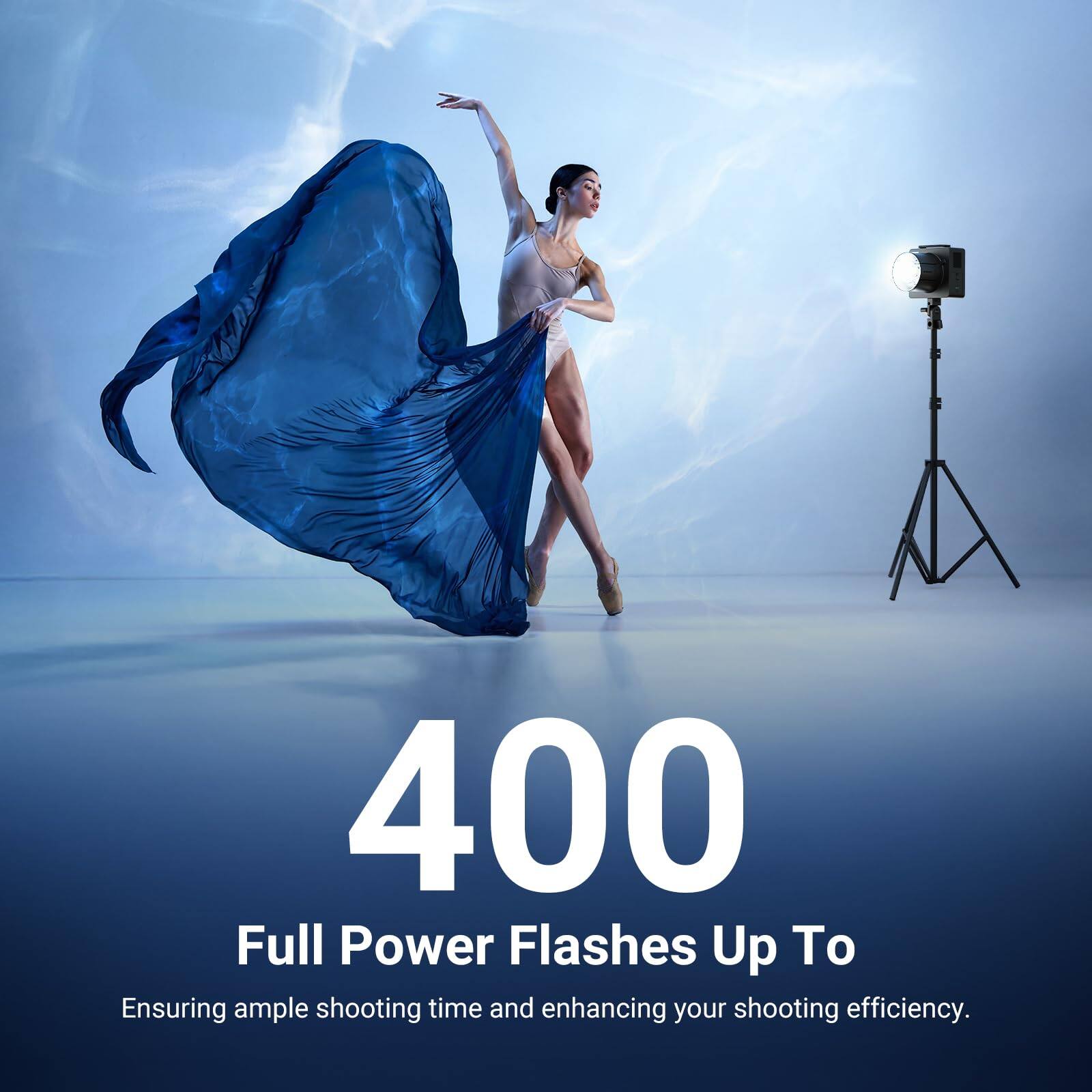 400 Full Power Flashes Up To  
Ensuring ample shooting time and enhancing your shooting efficiency.