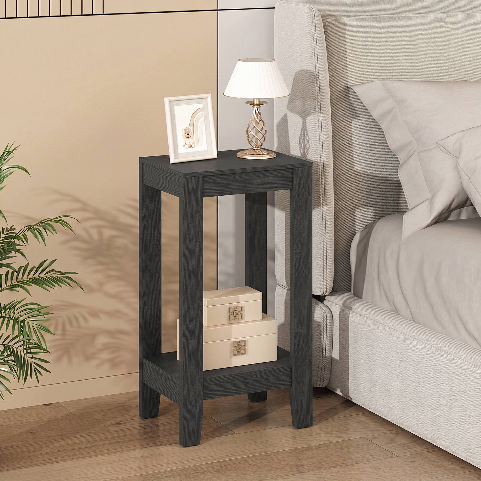 Alt View 5. Gymax - Gymax 2PCS 2-Tier Nightstand End Side Table Coffee Table Wooden Legs Bedroom Black - Black.